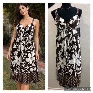 Elegant Floral Brown and White Midi Dress